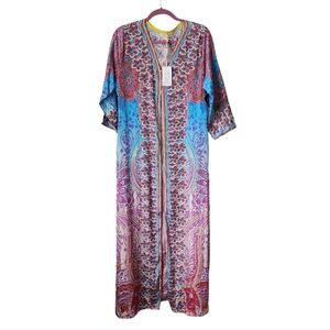 BOSTON PROPER x TRUE COLORS Kimono viscose multi color resort wear cover up NEW